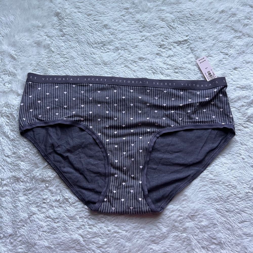 Victoria's Secret Gray Heart Pinstripe Logo Hiphugger Panties L 11244850 7B63NWT